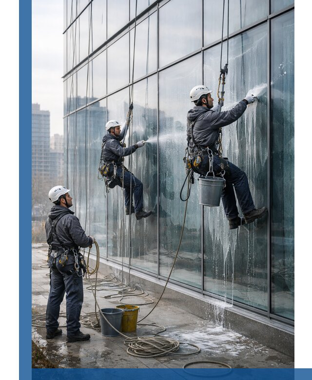 Промышленная мойка панорамных окон на высоте в Павлове