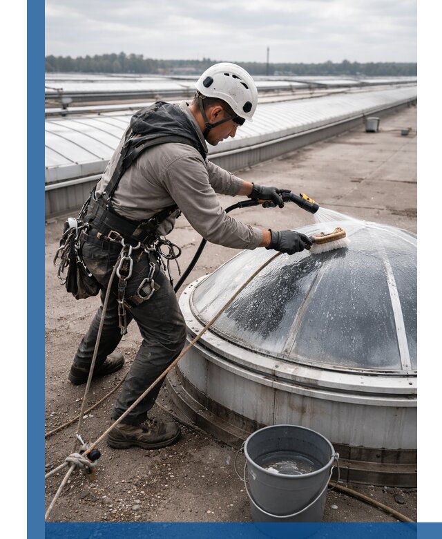 Мойка зенитных фонарей на кровле для промышленных объектов в Павлове