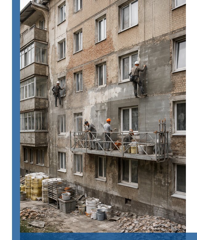 Капитальный ремонт фасада в Павлове с восстановлением и гидроизоляцией