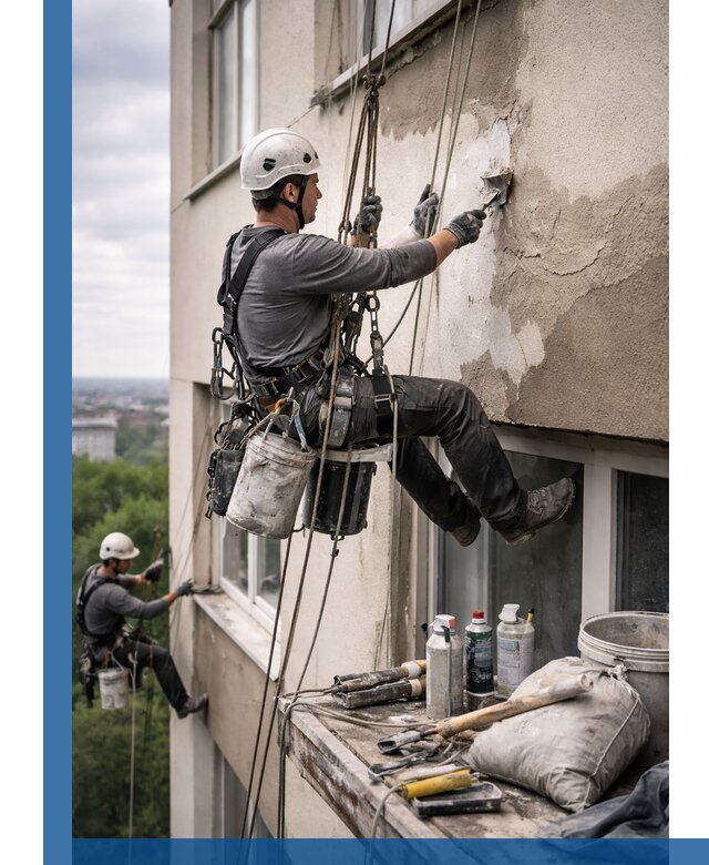 Косметический ремонт фасада зданий в Павлове промышленными альпинистами