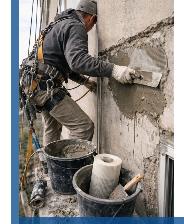 Ремонт бетонных элементов фасада промышленными альпинистами в Павлове