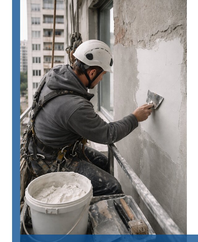 Шпаклевка фасадов на высоте с промальпинистами в Павлове