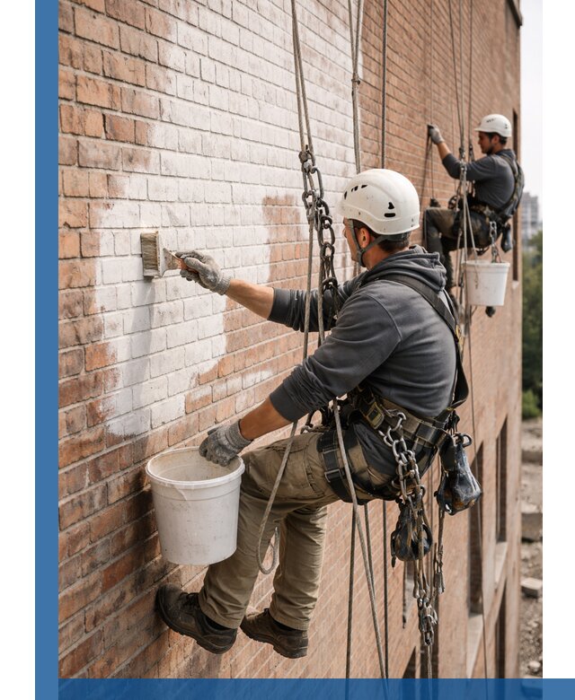 Покраска кирпичного фасада с доступным альпинистским сервисом в Павлове