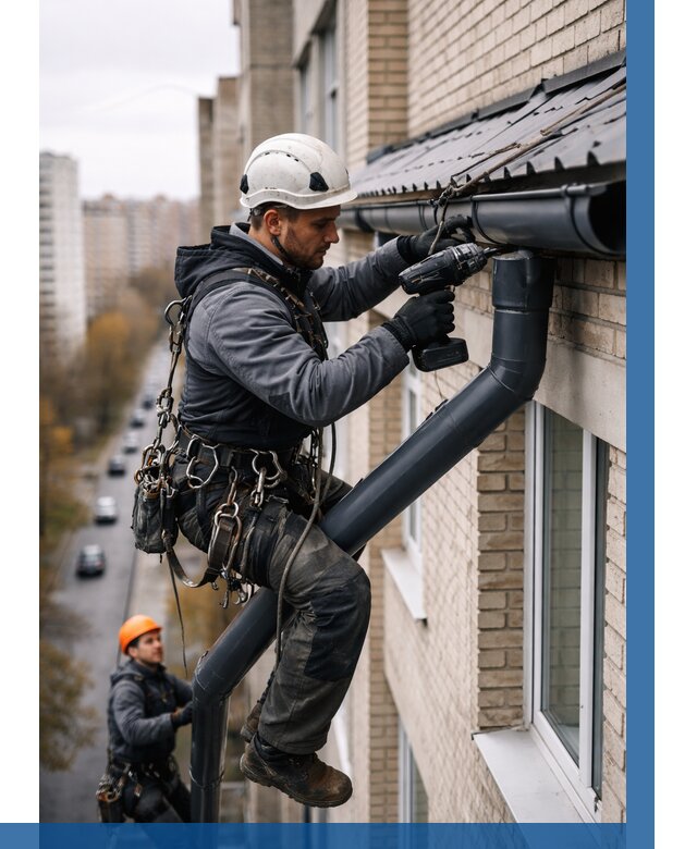 Монтаж водосточной системы на здании в Павлове от 5069 р. | ВЫСОТНИК-Пвв