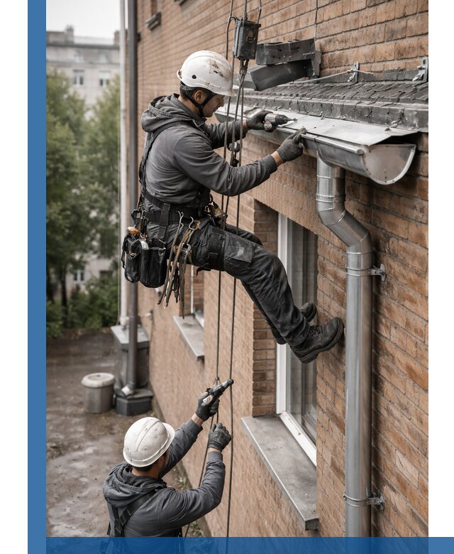 Монтаж водосточной системы на здании в Павлове под ключ