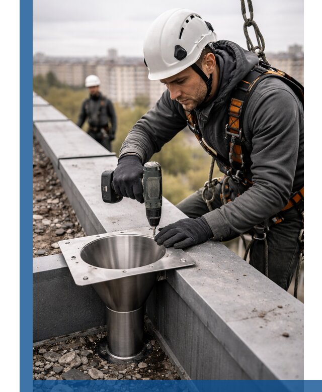 Монтаж водосточных воронок в Павлове для промышленных зданий