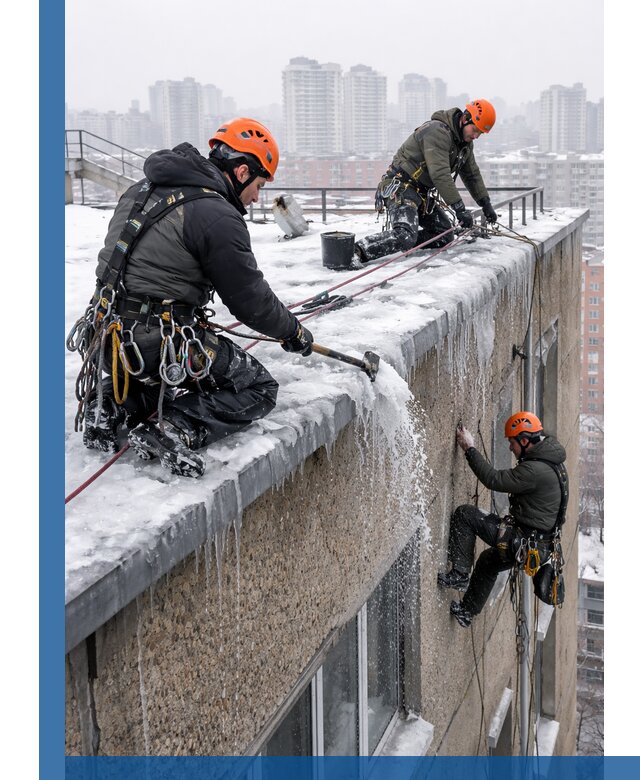 Удаление наледи с кровли в Павлове промышленными альпинистами