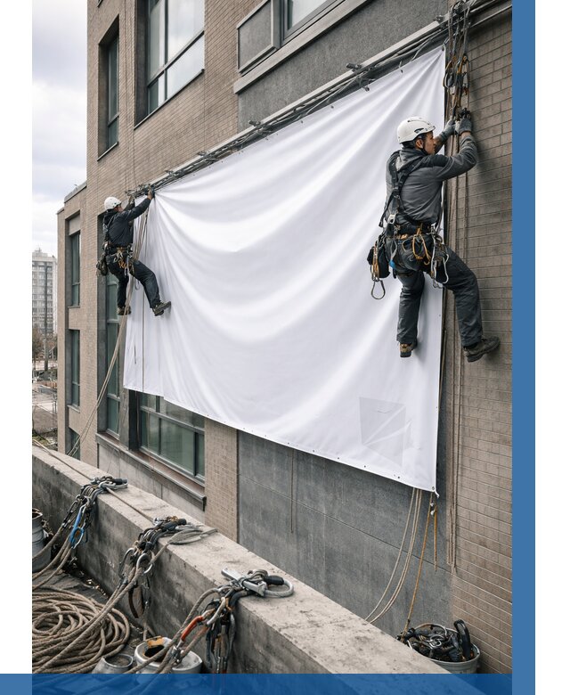 Монтаж баннеров на фасаде в Павлове от 659 р. заказать ВЫСОТНИК-Пвв