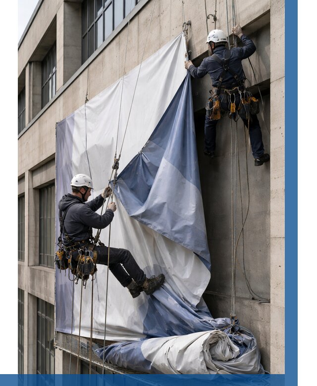 Демонтаж баннеров с фасада в Павлове от 4562 р. | ВЫСОТНИК-Пвв