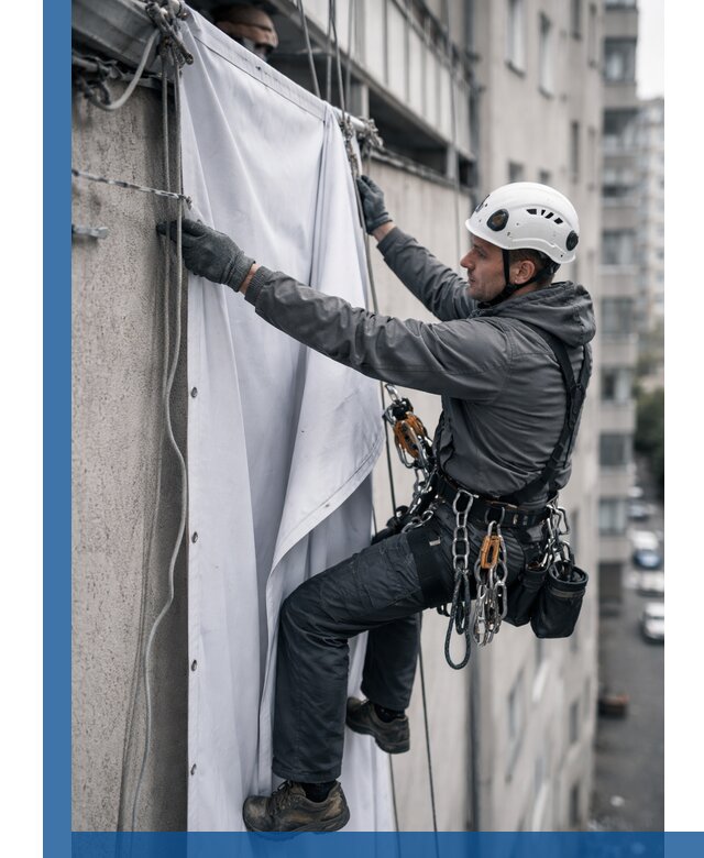 Замена баннерного полотна промышленными альпинистами в Павлове