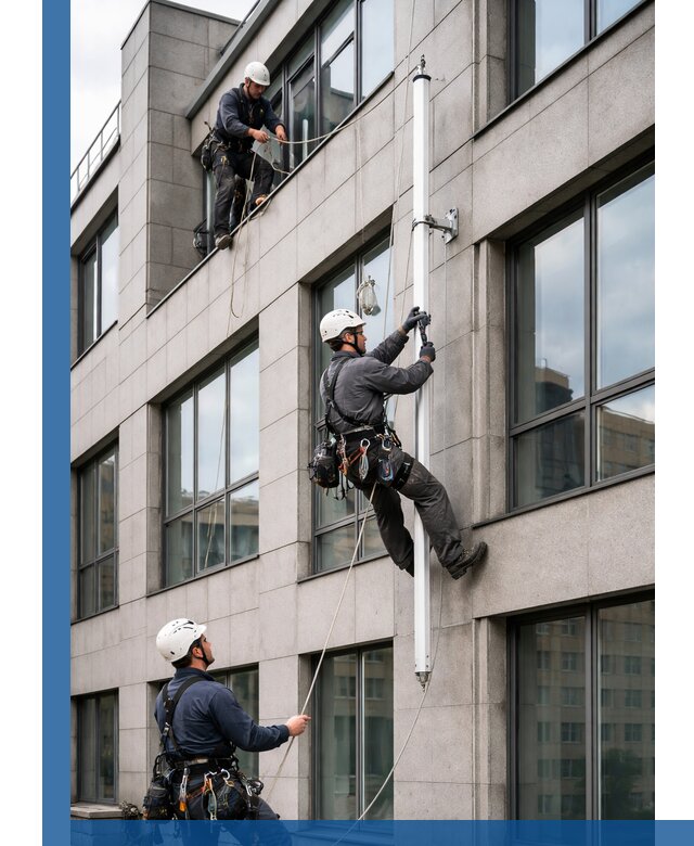 Монтаж флагштока на фасаде здания с креплением и герметикой в Павлове