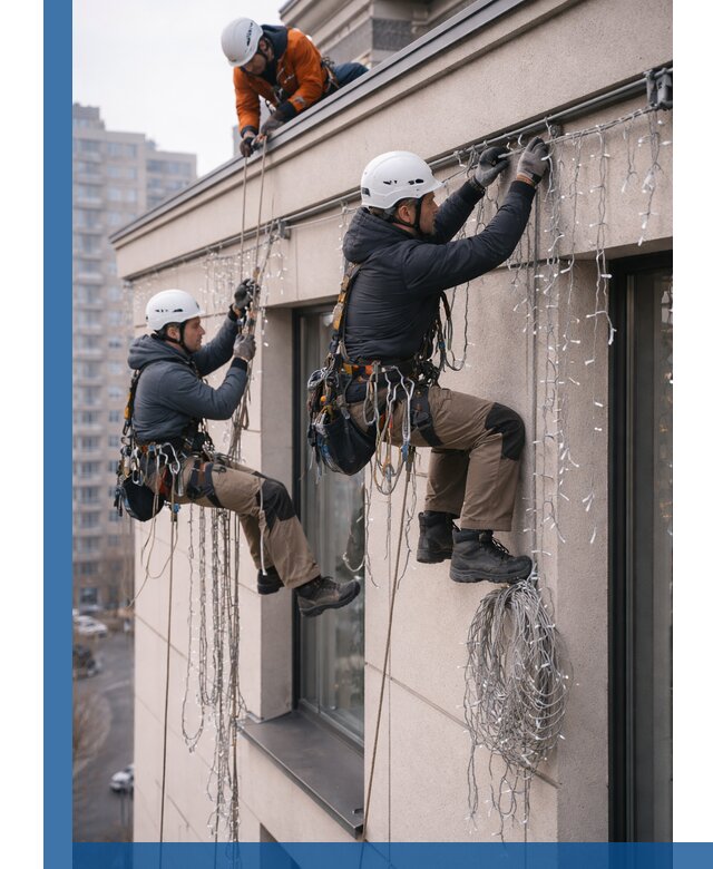 Монтаж праздничных гирлянд на фасаде в Павлове для зданий