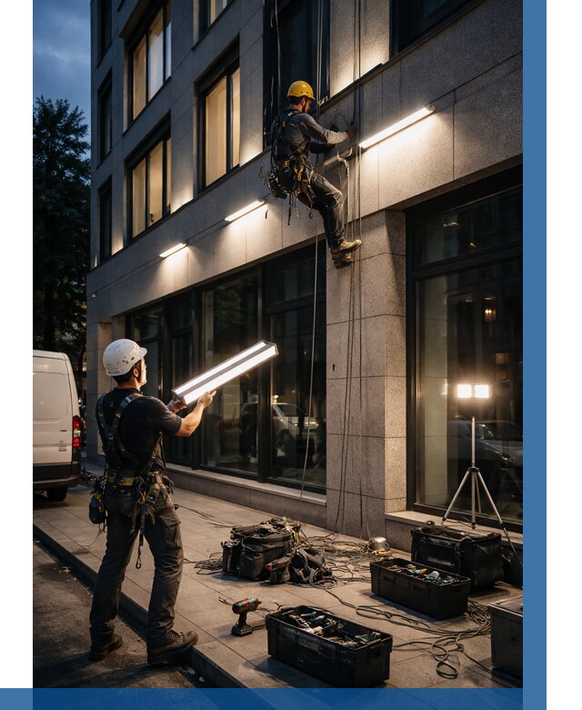 Монтаж архитектурной подсветки здания в Павлове от 2534 р.|ВЫСОТНИК-Пвв