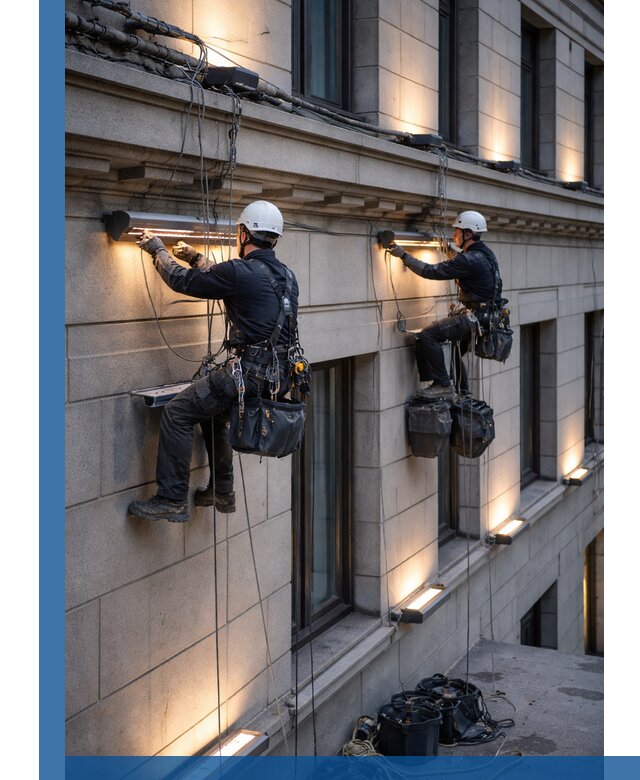 Монтаж архитектурной подсветки фасадов зданий в Павлове