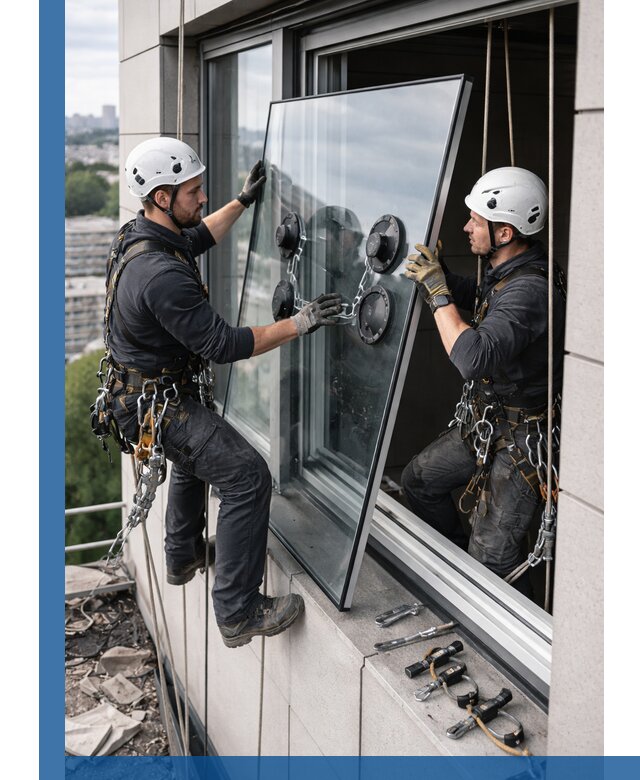 Замена стеклопакетов на высоте с промышленными альпинистами в Павлове