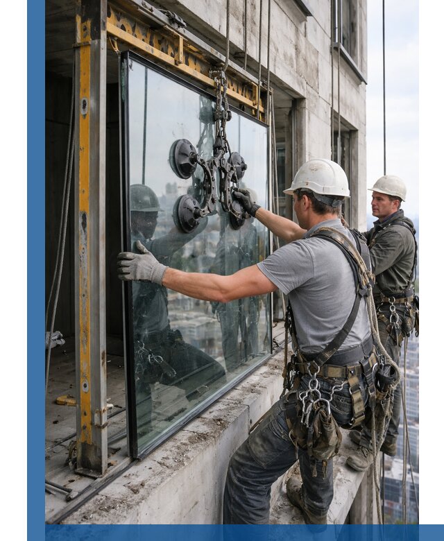 Монтаж стеклопакетов на высоте в Павлове с промышленным альпинизмом