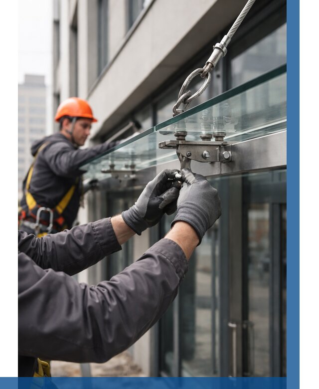 Монтаж стеклянных козырьков в Павлове от 8616 р. | ВЫСОТНИК-Пвв