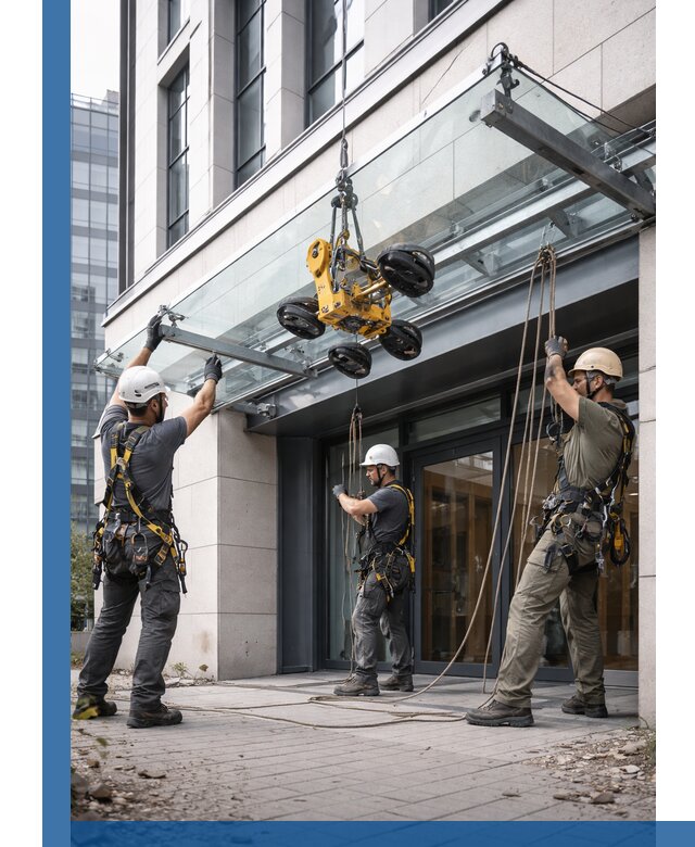 Монтаж стеклянных козырьков под ключ в Павлове для зданий