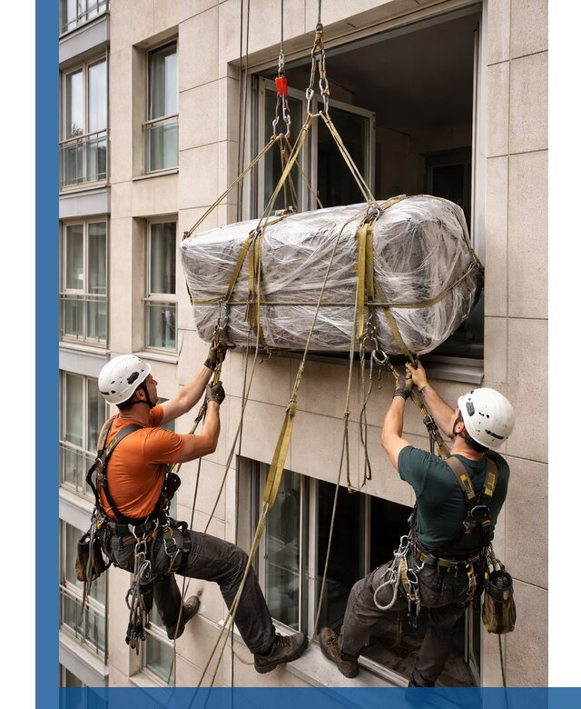 Подъем грузов через окно в Павлове промышленными альпинистами