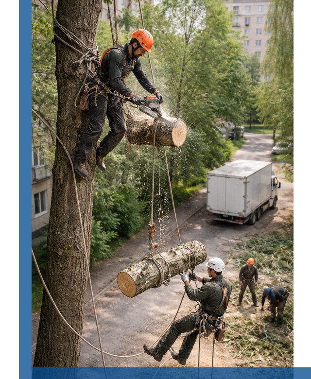 Спил деревьев альпинистами в Павлове, безопасно и без повреждений