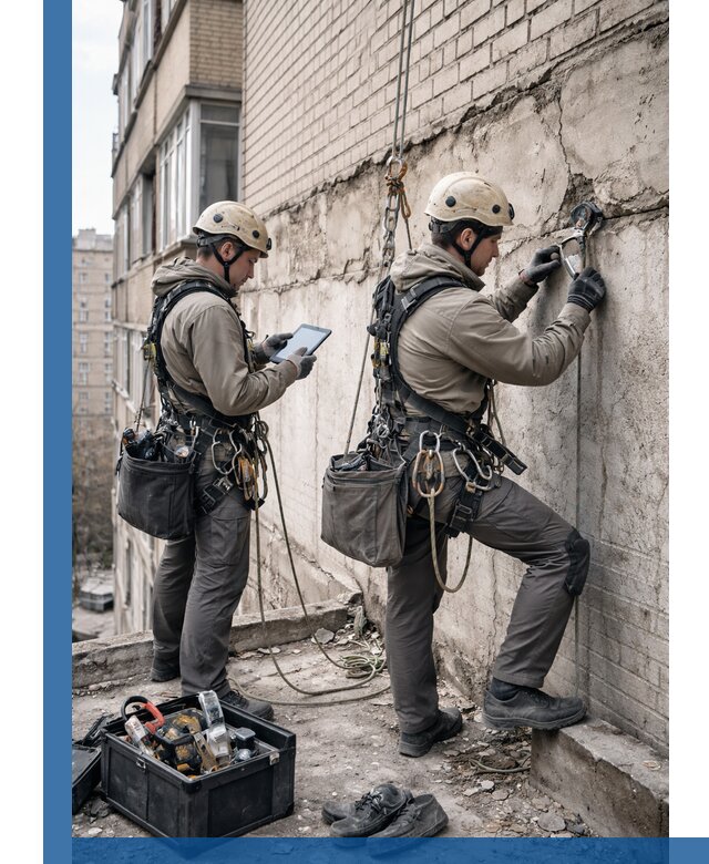 Обследование фасада промышленными альпинистами в Павлове